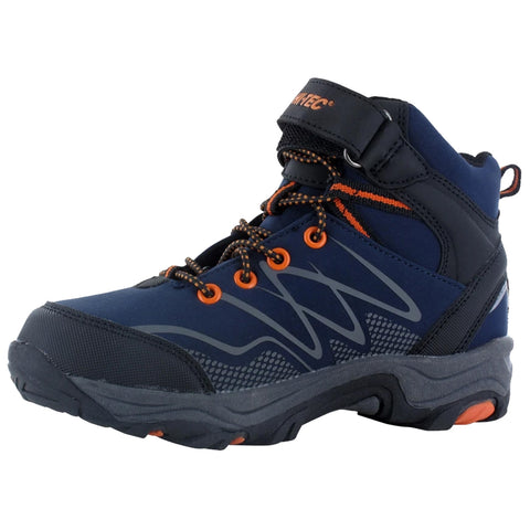 A blue and black hiking boot features orange eyelets and laces with a branded strap at the ankle designed for outdoor activities in rugged terrains