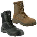 Two pairs of tactical boots are displayed side by side. One is black with a smooth finish and the other is brown with a suede texture. Both have laces and are designed for durability.