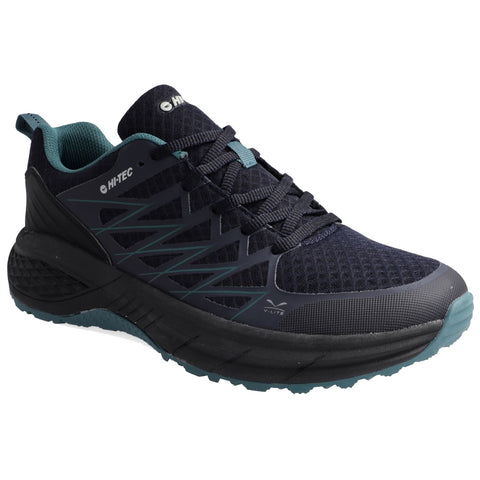 A dark navy running shoe with a textured upper and a rugged sole displays a modern design. The shoe is positioned for visibility against a neutral background, emphasizing its features.