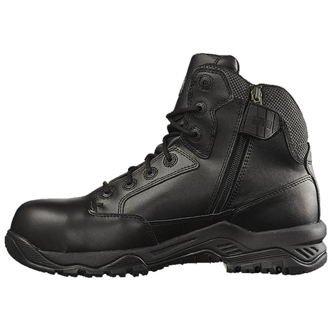 A black tactical boot stands upright with a shiny leather exterior and a side zipper design highlighting its ruggedness and durability suitable for various outdoor environments.