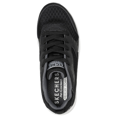 A black athletic sneaker is displayed with a textured mesh upper and laces loosely tied resting on a flat surface the insole reads Skechers Air-Cooled Memory Foam