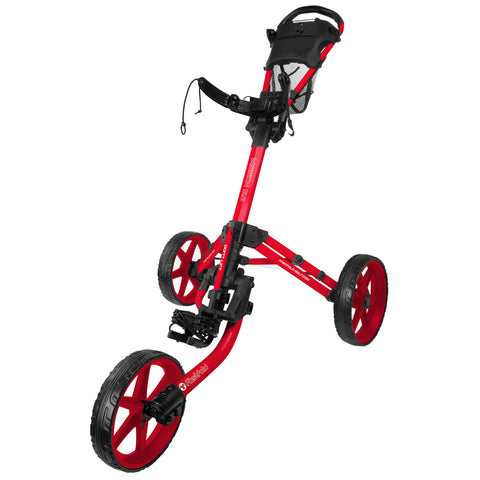 A red golf push cart stands upright with three large wheels designed for maneuverability. It features a handle for pushing and a basket for holding golf items while on the course.