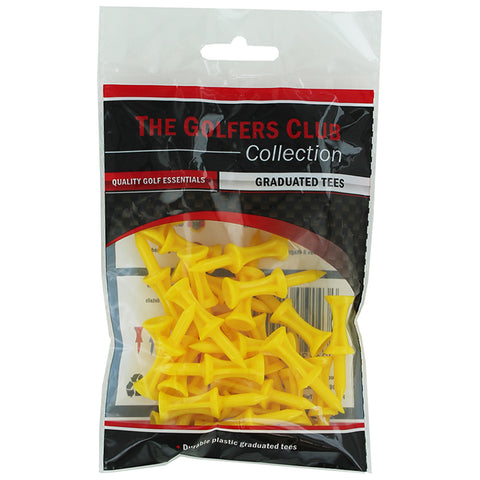 A transparent plastic package contains bright yellow graduated golf tees stacked together showcasing their unique shape surrounded by a branded label indicating quality golf essentials.