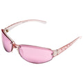 A pair of stylish sunglasses features pink tinted lenses and transparent frames with decorative details on the arms showcasing a fashionable accessory for sunny outdoor environments.