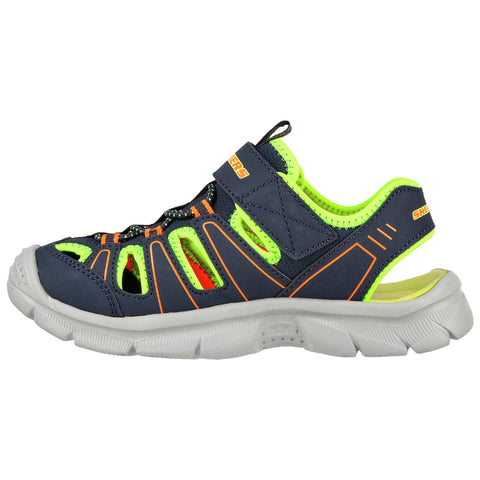 A sporty navy sandal with bright green accents features an open design and adjustable strap showcasing a cushioned sole ideal for active use during warm weather outings.