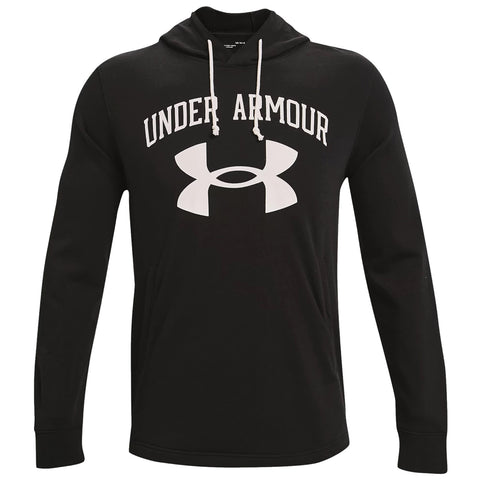 A black hooded sweatshirt features a large white logo on the front that reads "UNDER ARMOUR" above a stylized emblem beneath it, designed for casual wear or athletic activities.