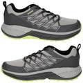 Gray athletic shoes with a textured upper and a thick sole featuring a lime green accent sit on a white background showcasing their design and structure for active wear.