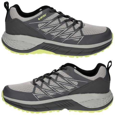 Gray athletic shoes with a textured upper and a thick sole featuring a lime green accent sit on a white background showcasing their design and structure for active wear.