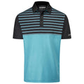 A short-sleeved polo shirt features a solid turquoise lower half and a black upper half adorned with horizontal blue stripes with a buttoned collar displayed against a plain background.