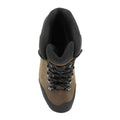 A brown and black hiking boot positioned upright features a padded collar and sturdy lacing system highlighting its rugged design suitable for outdoor activities. The background is plain and white.