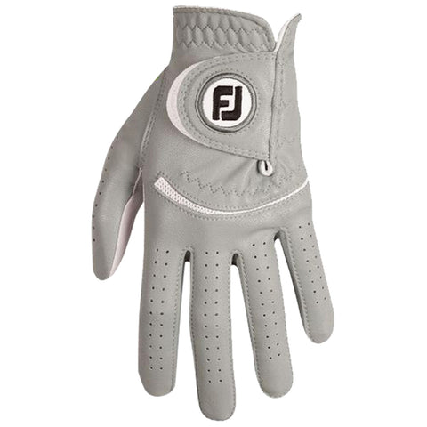 A gray golf glove with a textured palm and perforations is displayed upright showcasing the finger and palm areas emphasizing its design features for grip and comfort in golfing contexts