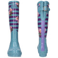 Colorful rubber rain boots feature a turquoise base with purple stripes and floral designs. They are designed for wet conditions, suitable for outdoor activities like gardening or walking in rain.