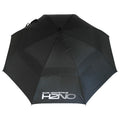 A black umbrella is opened, providing shade or rain protection, featuring a logo that reads SUN MOUNTAIN H2NO, standing out against a plain background.