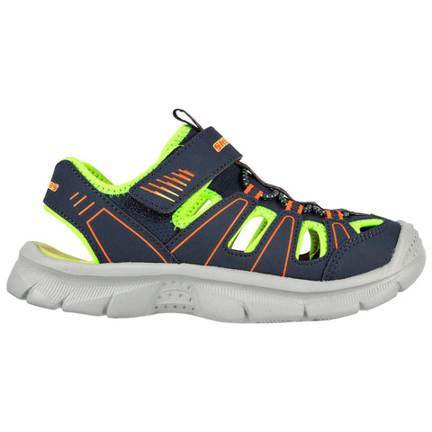 A navy blue sandal featuring neon green accents and orange detailing rests on a light background with cut-out sections for ventilation and a Velcro strap for securing the foot.