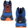 A pair of blue athletic shoes with orange laces and detailing is positioned upright showing the front and back views with a textured finish and a sturdy sole designed for outdoor use.