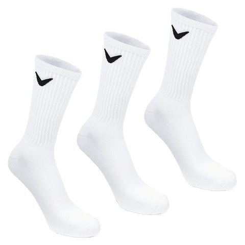 Three pairs of white athletic socks arranged side by side feature ribbed cuffs and a small black logo on each sock near the top, set against a plain background.