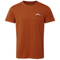 A short-sleeved orange t-shirt displays a small logo featuring mountains and the word "ADVENTURE CRAGHOPPERS," positioned on the upper left side, suitable for casual outdoor activities.