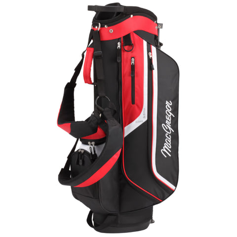 A golf bag stands upright featuring a black body with red accents and white stripes holding clubs zippered pockets and an adjustable strap in a neutral setting.