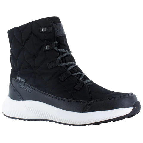 A black waterproof boot stands upright with a quilted texture and gray laces The sole is white and slightly elevated Suitable for casual outdoor wear in wet conditions