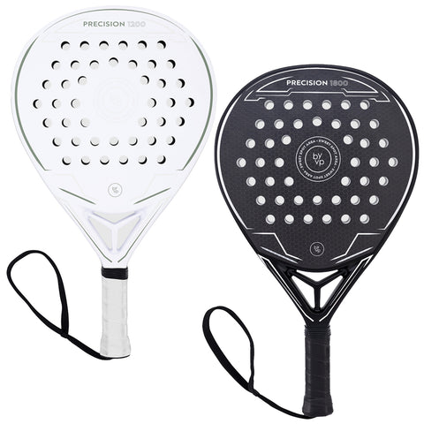 Two padel rackets are displayed side by side one is white labeled Precision 1200 and the other is black labeled Precision 1800 showcasing their perforated surfaces and unique designs.