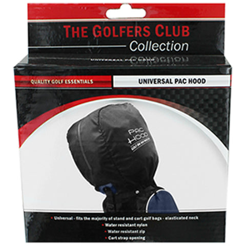 A packaging for a Universal Pac Hood is displayed featuring a waterproof design for golf bags it highlights features like elasticized neck and cart strap opening against a black and red backdrop.