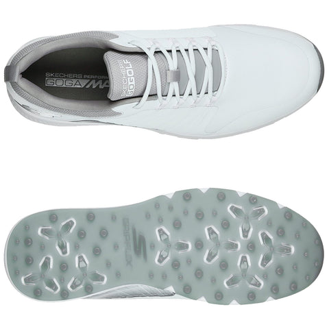 White golf shoe with gray accents designed for golf resting flat. The inner sole displays the brand name while the outsole has a textured grip pattern for traction.