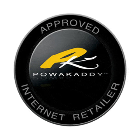 Circular logo featuring the words APPROVED INTERNET RETAILER around the edge with a stylized "PK" in yellow and white against a black background representing the brand Powakaddy.