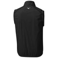 A black sleeveless jacket is displayed facing away with a high collar and elastic hem the brand logo is visible on the back highlighting a sporty design suitable for active wear.