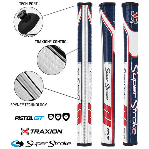 Golf club grips are displayed showcasing various technologies and features including Tech-Port Traxion Control and Spyne Technology with specific design elements highlighted through annotations and logos.