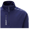 A navy quarter-zip jacket features a zippered pocket and a high collar with contrasting shoulder panels and logo detailing along the sleeves against a plain white background.