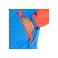 A blue fleece jacket features an orange sleeve with a hand inserted into a side pocket designed for warmth and convenience in a casual setting.