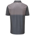 A grey polo shirt features horizontal stripes in shades of pink across the upper back and shoulders with a collar and short sleeves designed for casual or athletic wear.