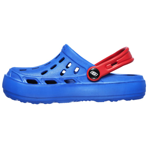 A blue clog with a red strap is displayed sideways showcasing its ventilation holes and a button on the strap indicating a sporty design suitable for casual wear or outdoor activities.