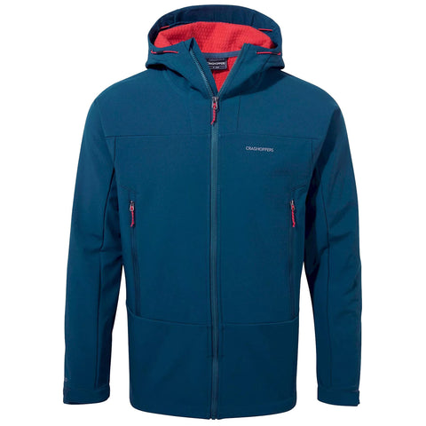 A teal outdoor jacket stands upright showcasing its zippered front and pockets The interior is lined with red material indicating warmth and comfort suitable for outdoor activities