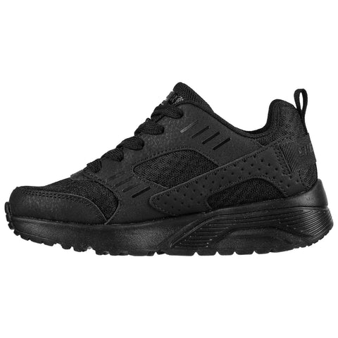 A black athletic shoe features a mesh and synthetic upper with a textured sole showcasing a sleek design ideal for casual wear or light exercise in urban settings.