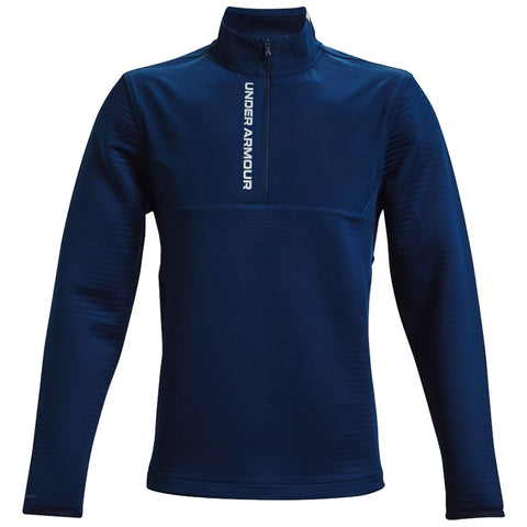 A navy blue long-sleeve athletic pullover is displayed featuring a half-zip collar and a prominent white logo that reads UNDER ARMOUR on the front.