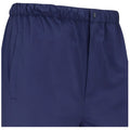 Navy blue shorts feature an elastic waistband with a button closure and side pockets visible in the fabric which appears smooth and lightweight suitable for casual or athletic wear.