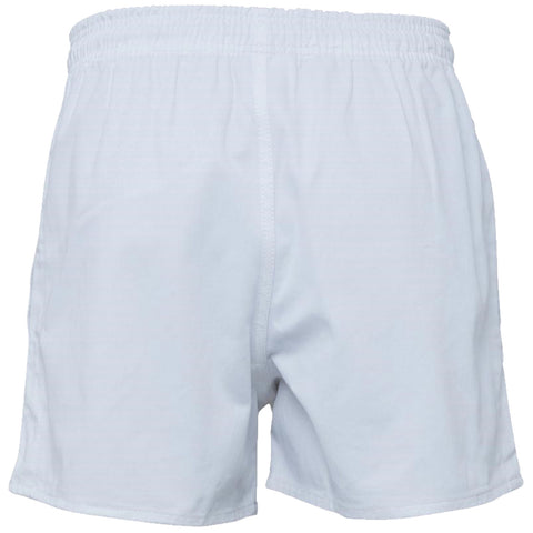 White shorts are displayed with an elastic waistband and a smooth fabric texture suggesting a relaxed fit designed for casual wear in warm weather.