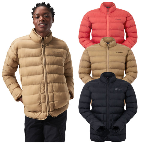 A person wearing a beige puffer jacket stands confidently with hands in pockets while three additional puffer jackets in red and black are displayed behind them showcasing various colors and styles.