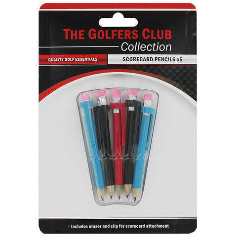 A plastic package displays five scorecard pencils in blue black red and pink. The pencils are arranged neatly with erasers and clips for scorecard attachment in a golf context.