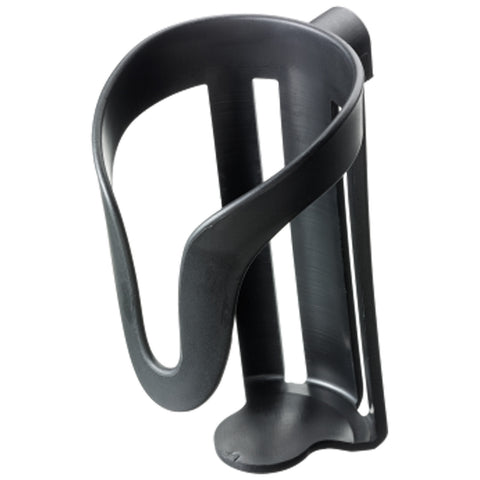 A black plastic cup holder stands upright designed to securely hold drink containers with a curved shape and a flat base for stability suitable for use in various settings such as vehicles or desks