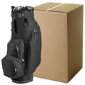 Golf Bag Packaging Cardboard Box A black golf bag is leaning beside a large brown cardboard box in a plain background suggesting it is ready for transport or storage. The bag features multiple zippers and compartments.