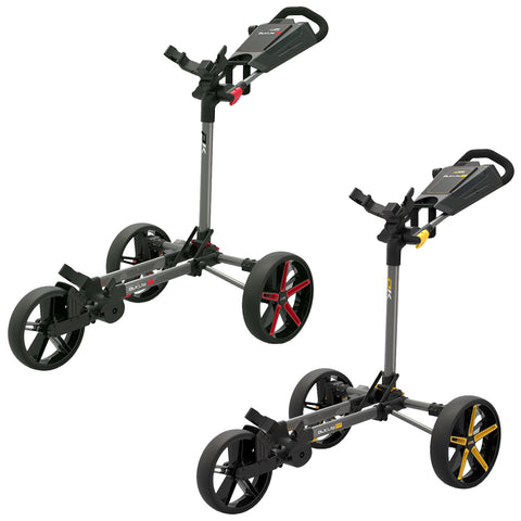 Two golf push carts are displayed side by side with a sleek design. Each features a height-adjustable handle and three wheels, suitable for transporting golf bags on a course.