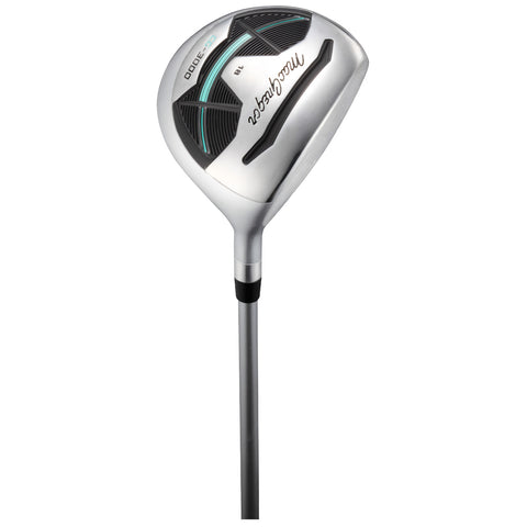 A golf club with a shiny silver head and a sleek black and white grip is positioned upright on a plain background showcasing its design and brand features for ease of use in golfing.