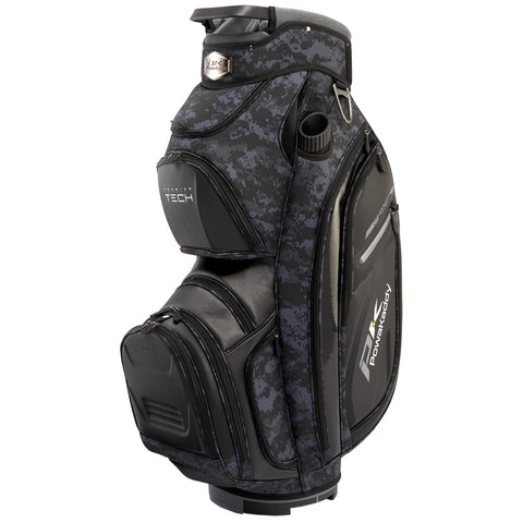 A black and gray camouflage golf bag stands upright featuring multiple zippered pockets and a water bottle holder, designed for carrying golf clubs and accessories on the course.