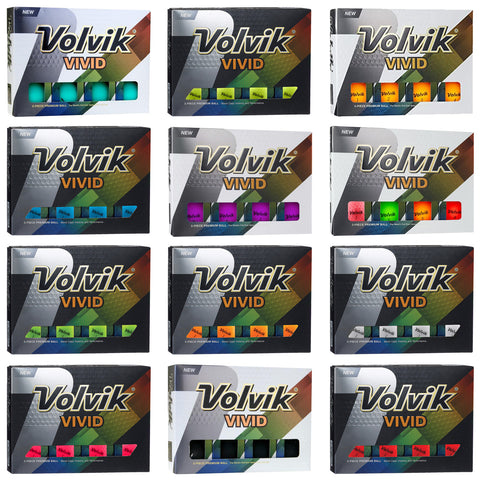 Boxes of colorful golf balls are arranged in a grid pattern showcasing different vibrant colors. Each box is labeled with "Volvik Vivid" and features a new design indicating premium quality.