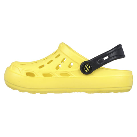 A bright yellow clog is shown side-on with a black strap attached to the heel the clog features ventilation holes along its sides and is set against a plain white background