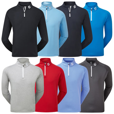 Nine long-sleeve pullover tops are arranged in two rows showcasing various colors including black blue gray red and light blue featuring a quarter-zip design and a logo on the collar