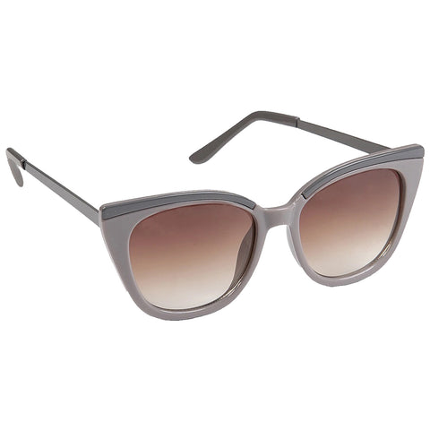 Cat-eye sunglasses with a gradient lens are positioned upright showcasing their sleek gray frames and prominent shape in a neutral background.