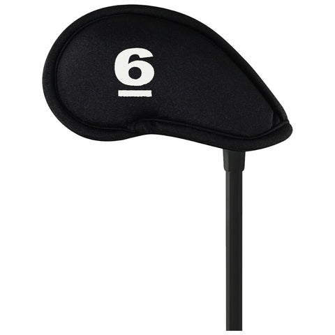 A black golf club headcover is positioned vertically with the number six prominently displayed in white on its side, designed to protect the club head in a golf bag.